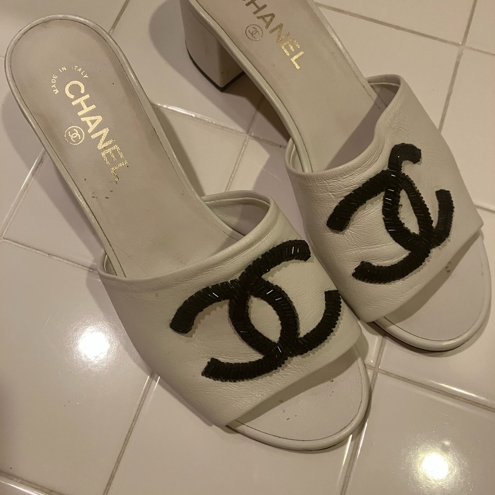 Chanel White Slide Sandals